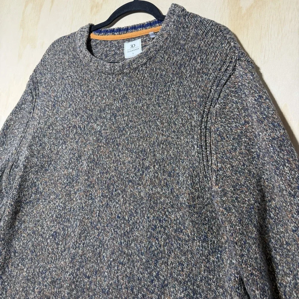 7 Diamonds Mens Sweater Large Knit Crewneck Gray Brown Blue‎ Wool Blend Casual